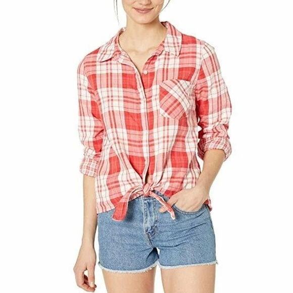 Sanctuary Linen Blend Boyfriend Shirt L Buffalo Check Plaid Cuffed Long Sleeve - Picture 1 of 11